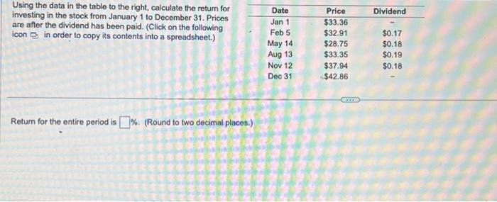  Using the data in the table to the right, calculate the