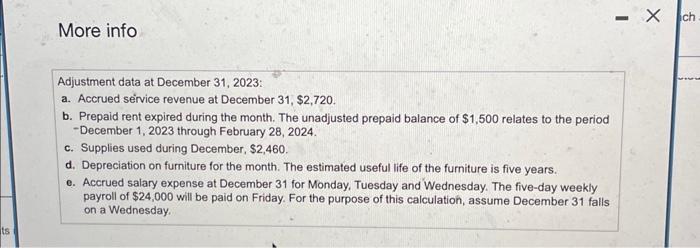 need help More info Adjustment data at December 31, 2023: a. Accrued
