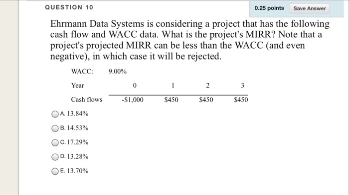  QUESTION 10 0.25 points Save Answer Ehrmann Data Systems is considering