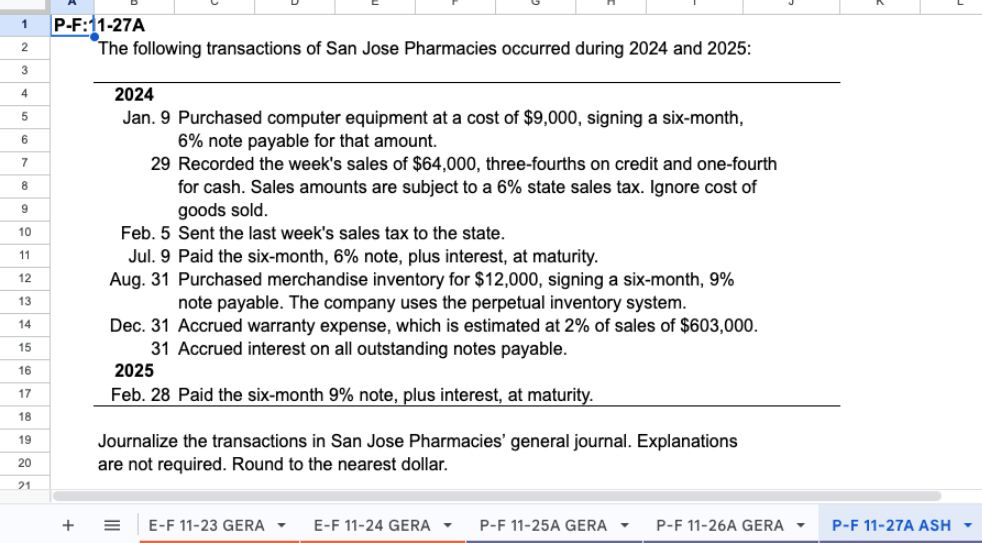  P-F:11-27A The following transactions of San Jose Pharmacies occurred during 2024