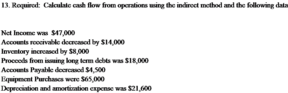  13. Required: Calculate cash flow from operations using the indirect method