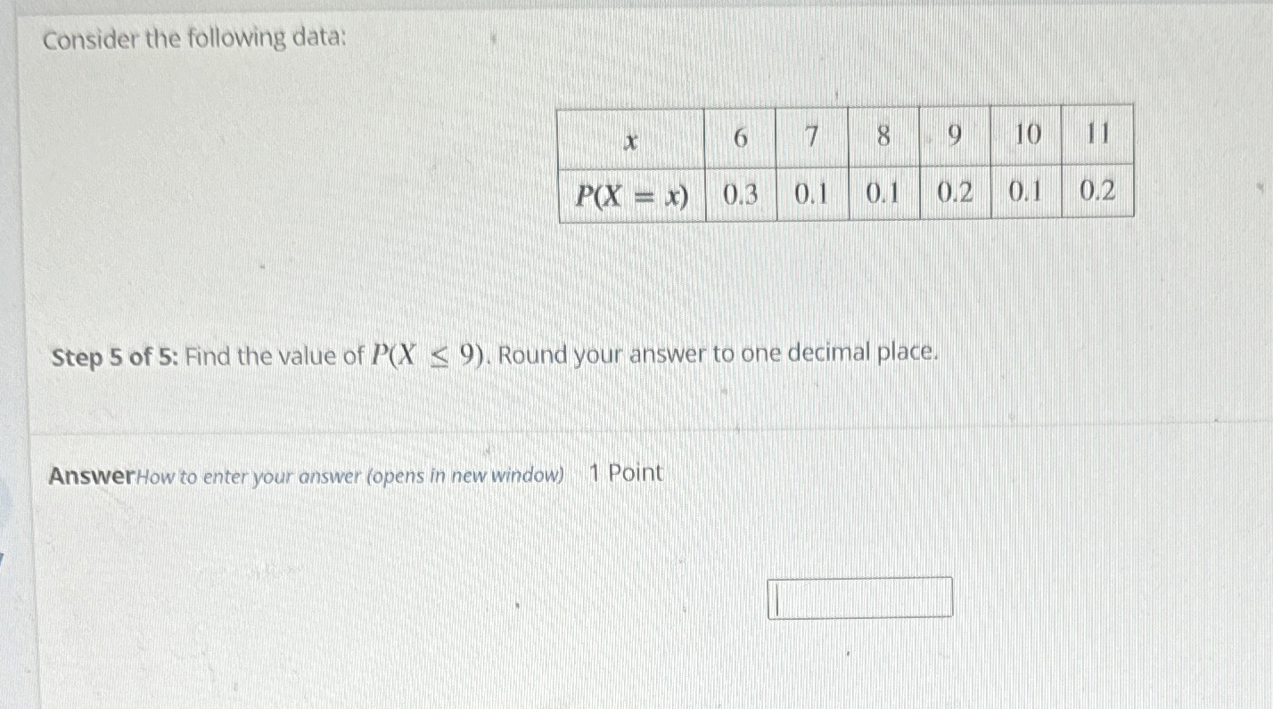  Consider the following data: \table[[x,6,7,8,9,10,11],[P(x=x),0.3,0.1,0.1,0.2,0.1,0.2]] Step 5 of 5 : Find
