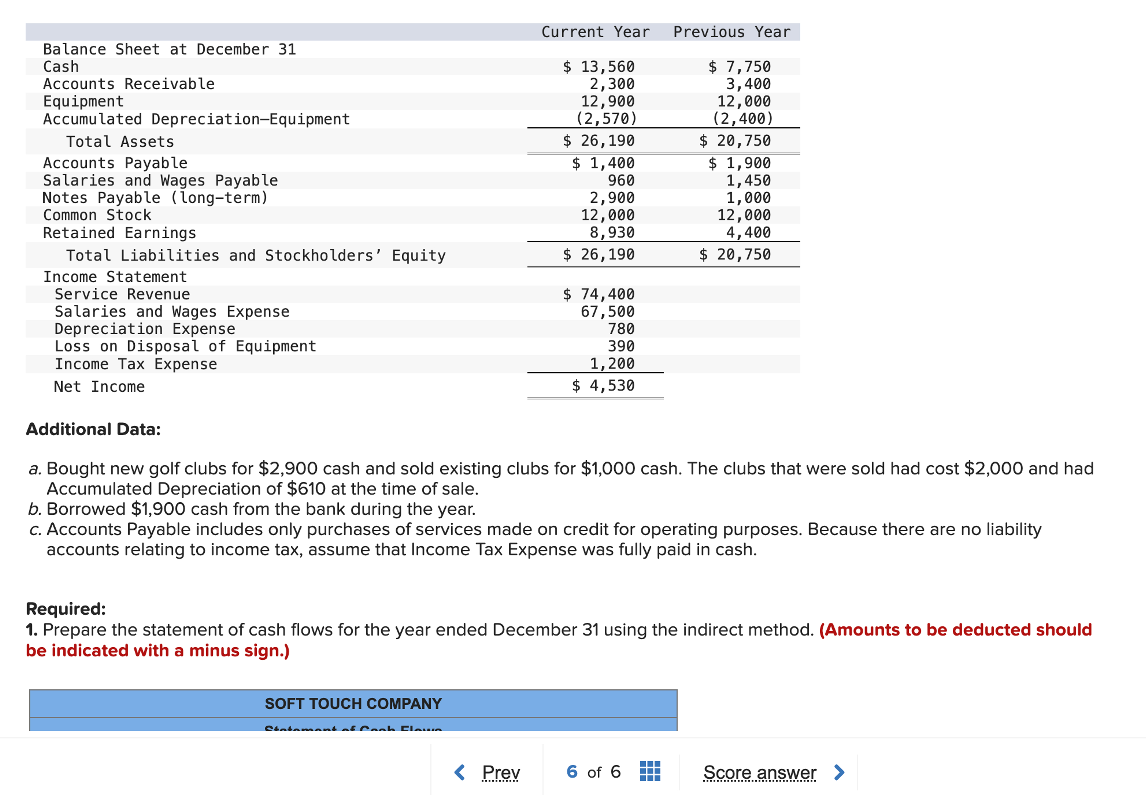  Additional Data: a. Bought new golf clubs for $2,900 cash and