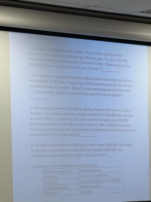 please answer 1-5 1.Yoursalon is\$2000 every two weeks, Your employer provides health