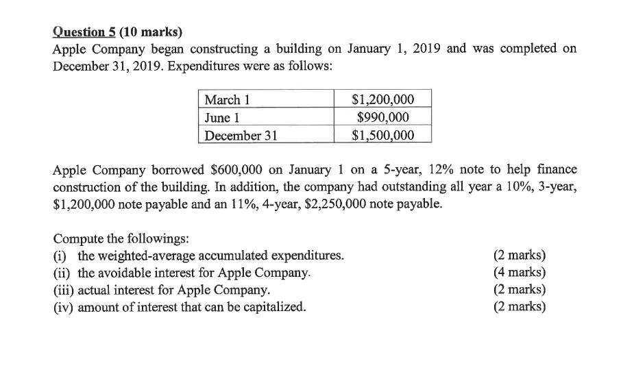 Question 5 (10 marks) Apple Company began constructing a building on