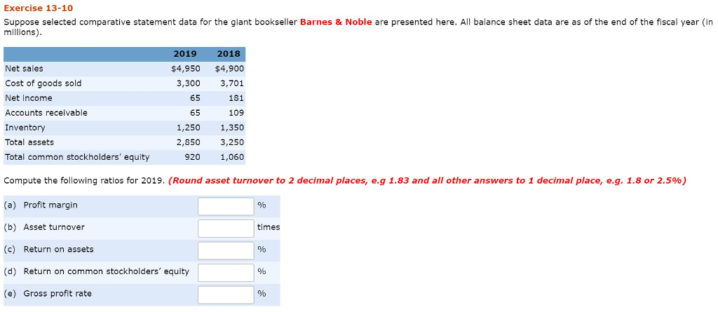  Exercise 13-10 Suppose selected comparative statement data for the giant bookseller