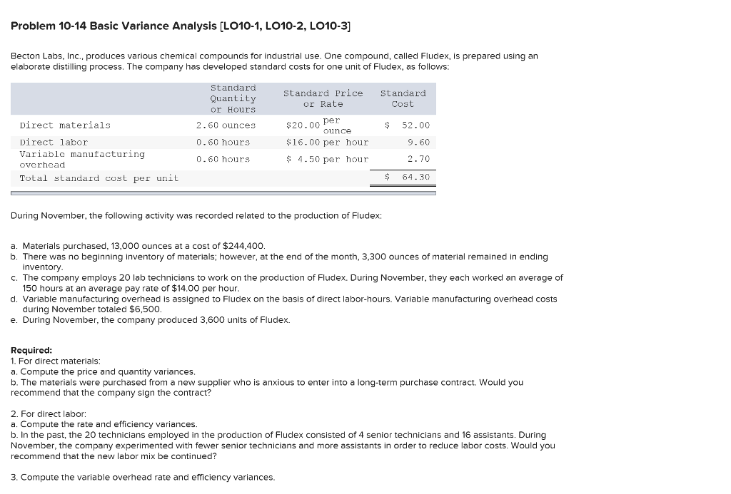  Problem 10-14 Basic Variance Analysis [LO10-1, LO10-2, LO10-3 Becton Labs, Inc.,