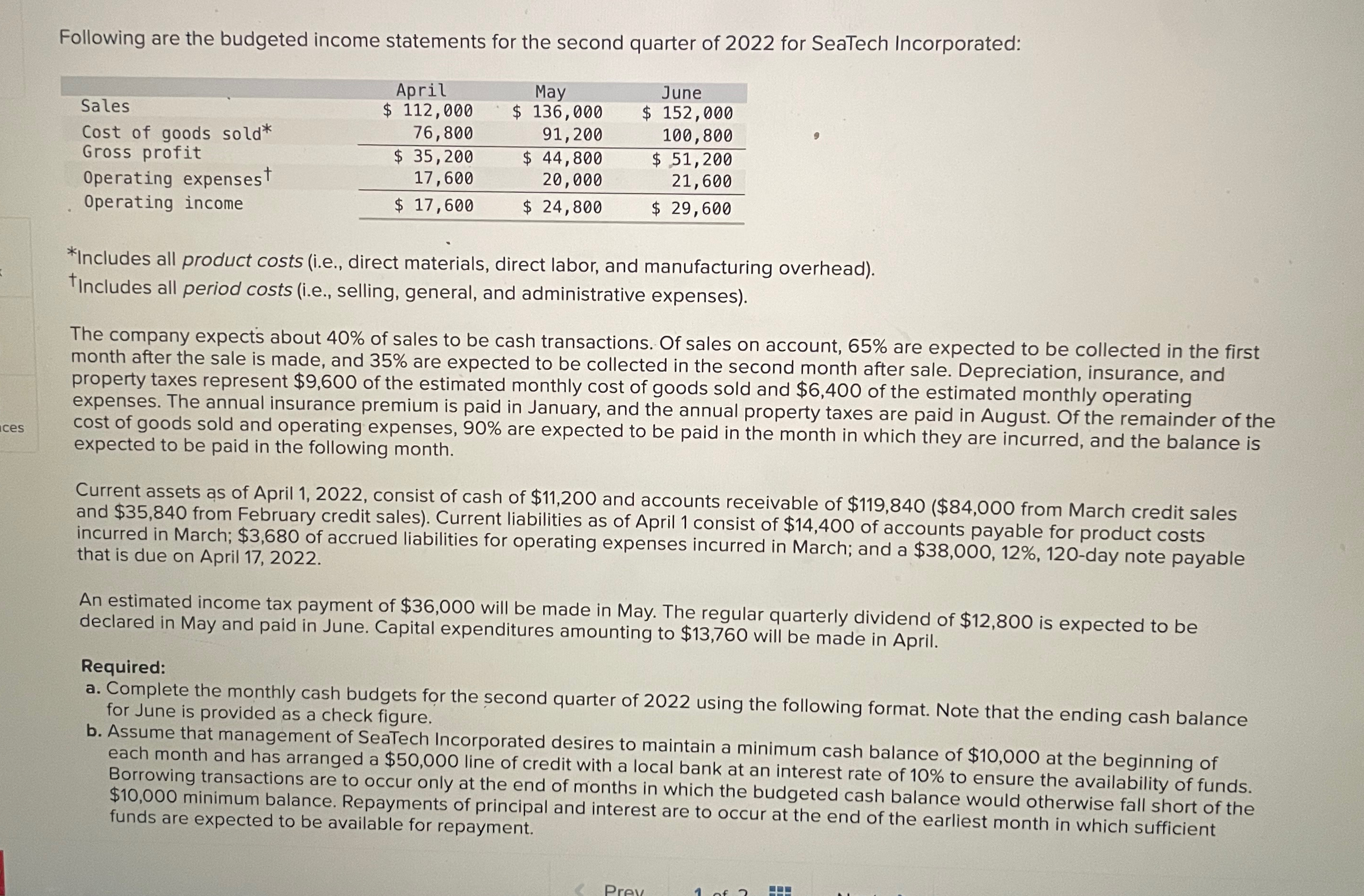  a.) Complete the monthly cash budgets for the second quarter of