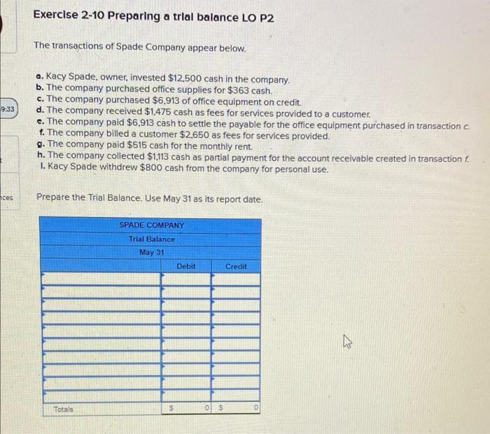 which Exercise 2-10 Preparing a trial balance LO P2 The transactions of