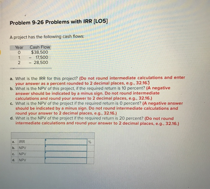 Problem 9-26 Problems with IRR [LO5] A project has the following