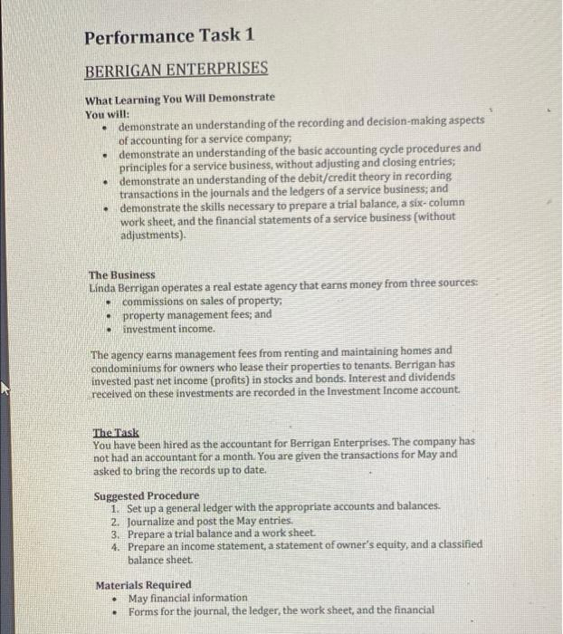  Performance Task 1 BERRIGAN ENTERPRISES What Learning You Will Demonstrate You