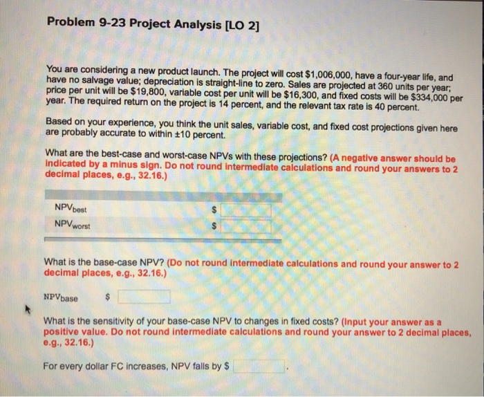  Problem 9-23 Project Analysis [LO 2] You are considering a new