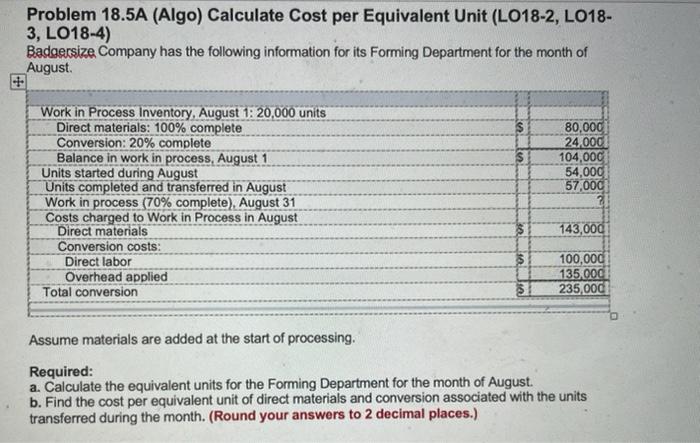  Problem 18.5A (Algo) Calculate Cost per Equivalent Unit (L018-2, L018- 3,