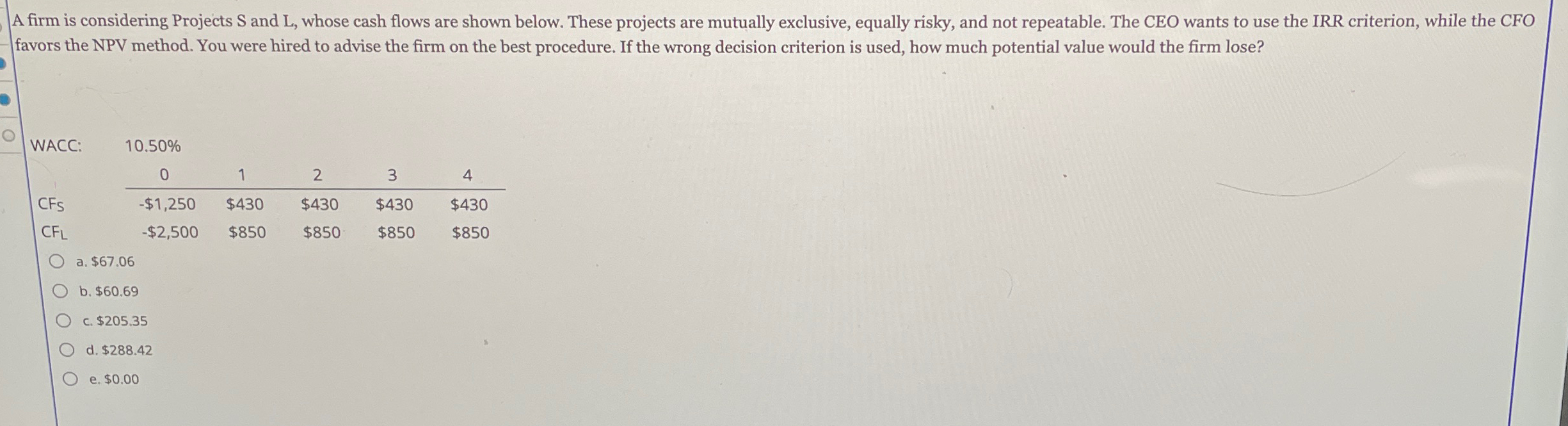  A firm is considering Projects S and L, whose cash flows