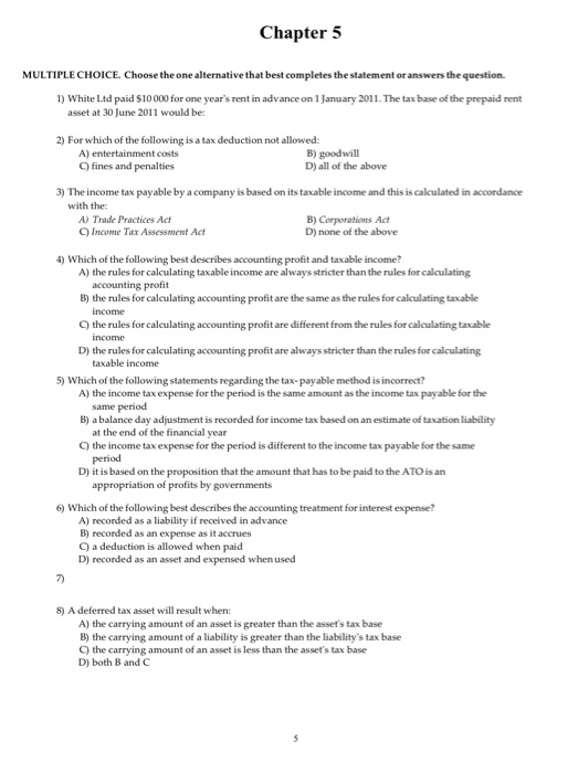  Chapter 5 MULTIPLE CHOICE. Choose the one alternative that best completes