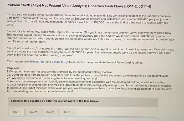  Problem 14-20 (Algo) Net Present Value Analysis; Uncertain Cash Flows (L014-2,