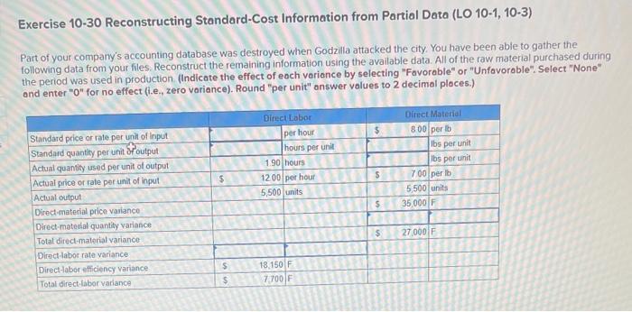 Needed ASAP Exercise 10-30 Reconstructing Standard-Cost Information from Partial Data (LO 10-1,