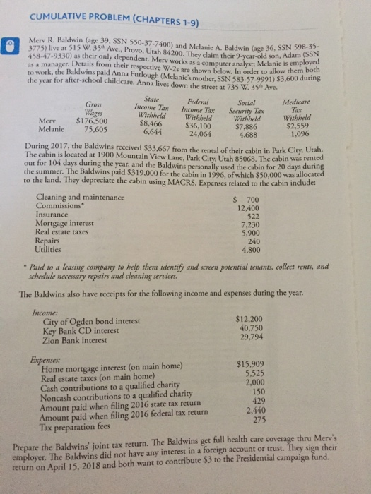  CUMULATIVE PROBLEM (CHAPTERS 1-9) Mer R. Baldwin (age 39. SSN 550-37-7400)