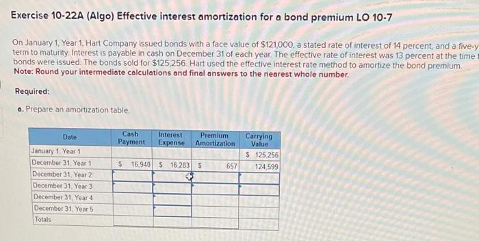  Exercise 10-22A (Algo) Effective interest amortization for a bond premium LO