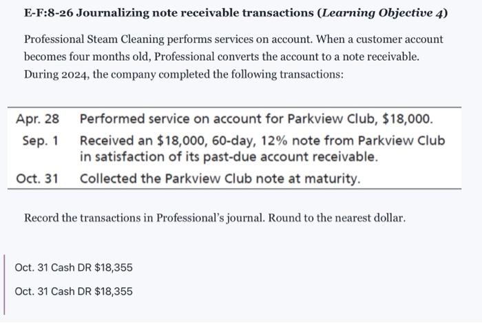  E-F:8-26 Journalizing note receivable transactions (Learning Objective 4) Professional Steam Cleaning