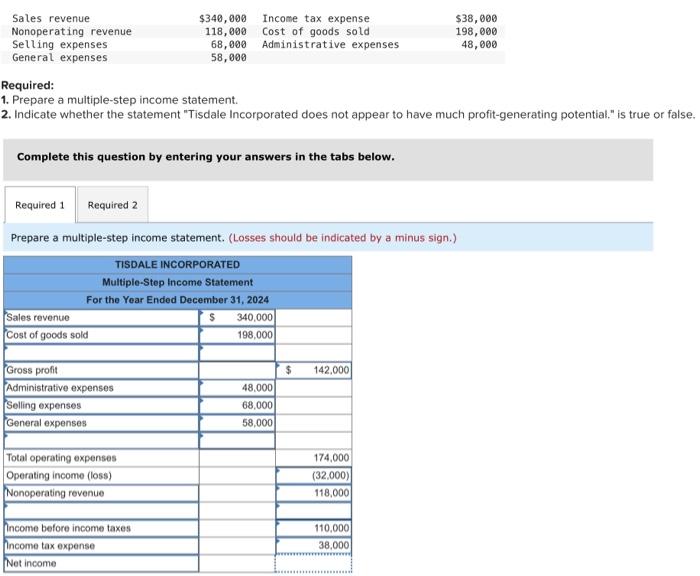  Required: 1. Prepare a multiple-step income statement. 2. Indicate whether the
