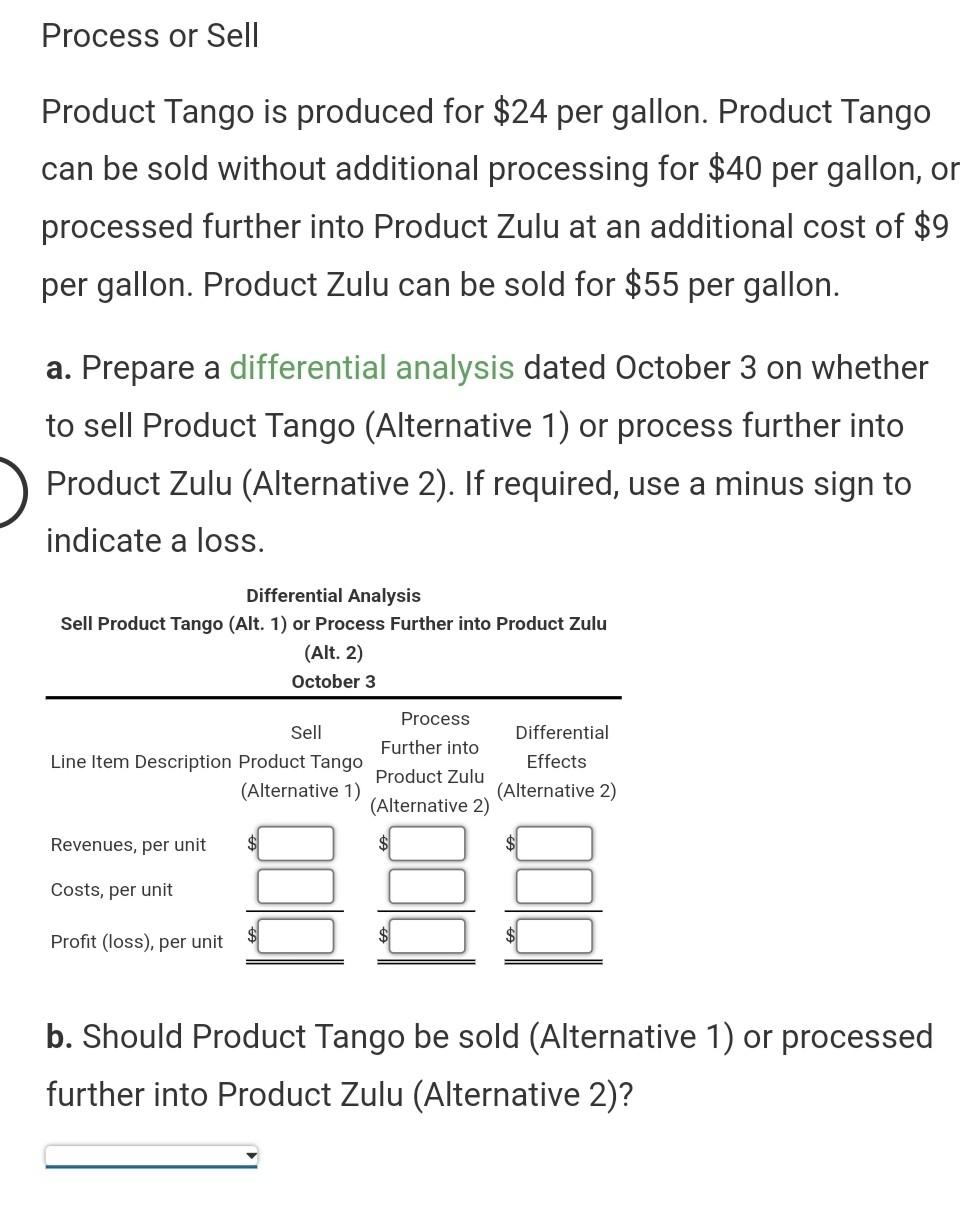 Process or Sell Product Tango is produced for $24 per gallon.