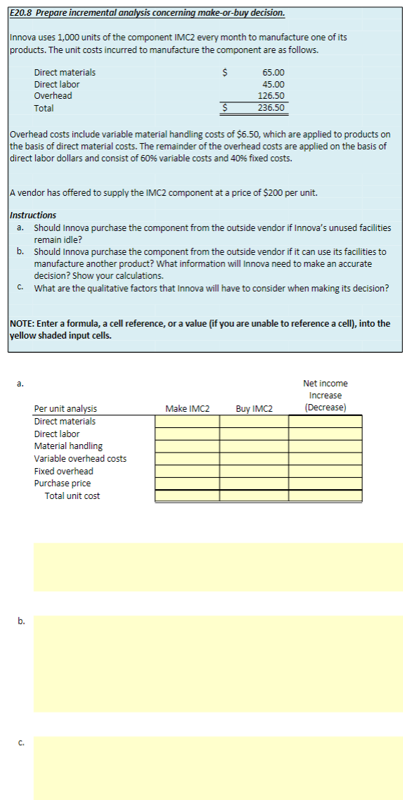  E20.8 Prepare incremental analysis concerning make-or-buy decision. Innova uses 1,000 units