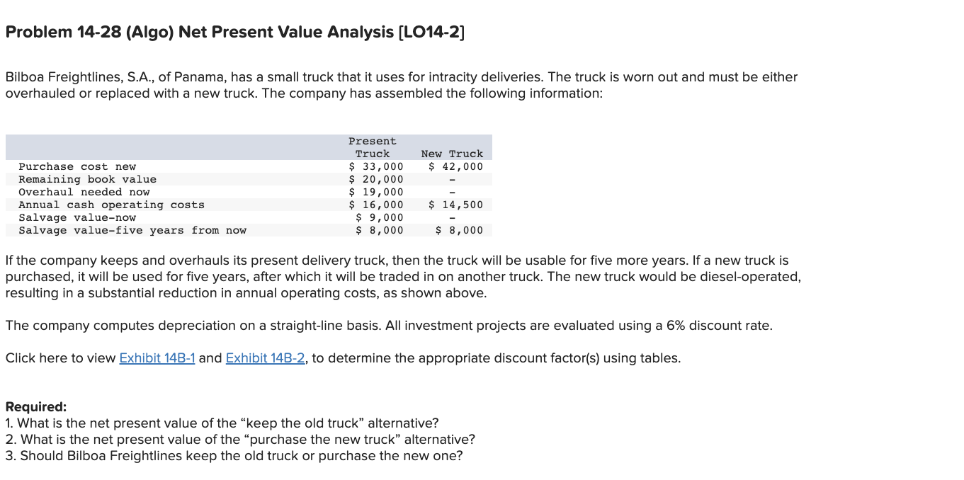  Problem 14-28 (Algo) Net Present Value Analysis (LO14-2] Bilboa Freightlines, S.A.,