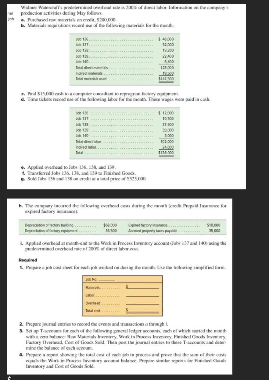  Please answer question 2 Widmer Watercraft's predetermined overhead rate is 200%