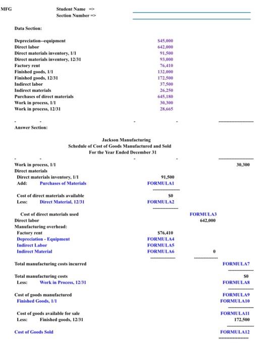  MFG Student Name mo Section Namber = Data Section: Depreciation--equipment Direct
