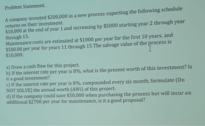  Problem Statement A company invested $200,000 in a new process expecting