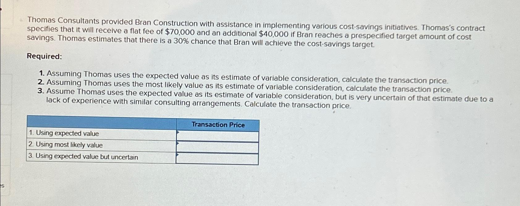  Thomas Consultants provided Bran Construction with assistance in implementing various cost-savings