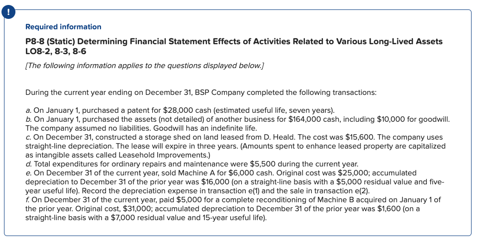 Hi is e(2) correct? Required information P8-8 (Static) Determining Financial Statement