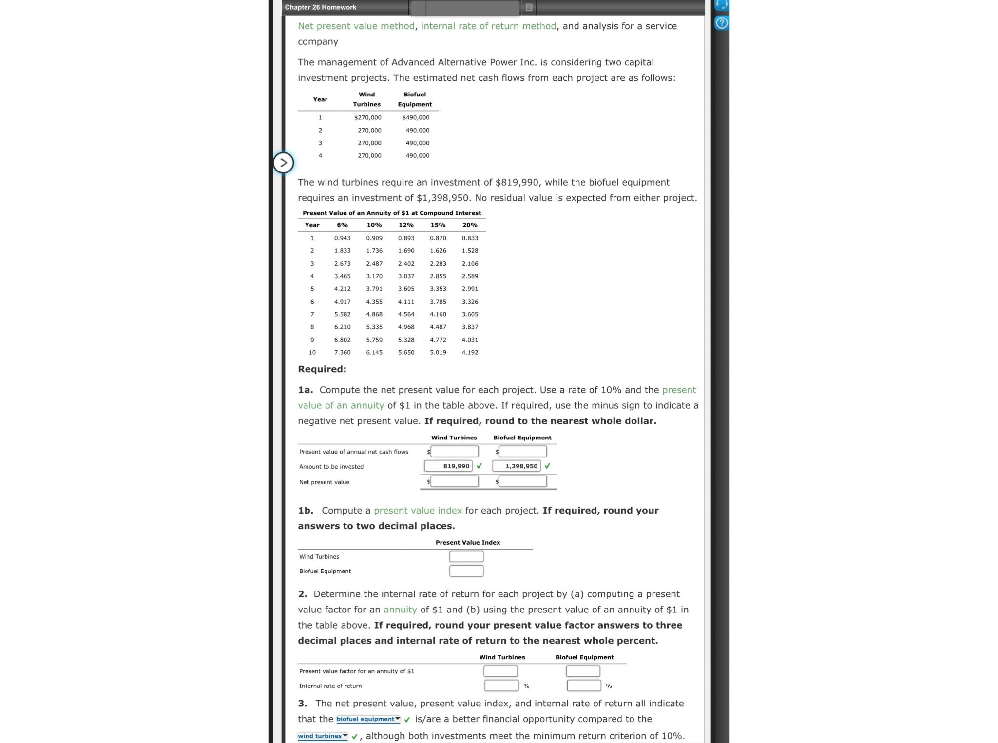  Chapter 26 Homework Net present value method, internal rate of return