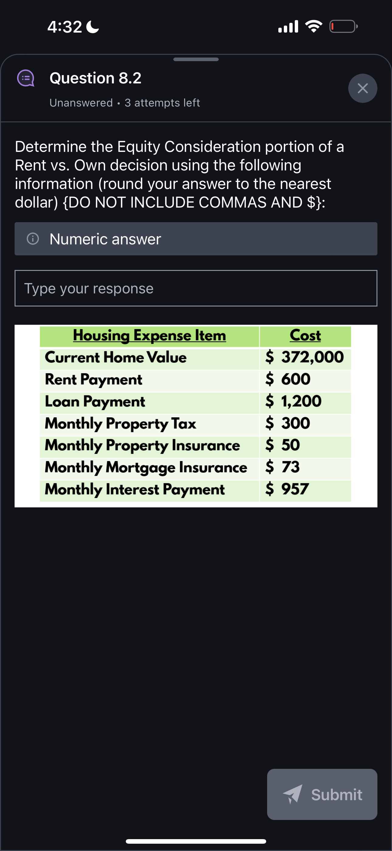  4:32 Question 8.2 Unanswered 3 attempts left Determine the Equity Consideration