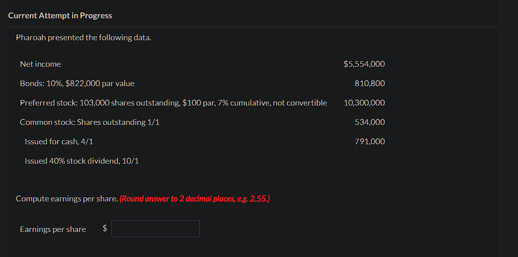 Current Attempt in Progress Pharoah presented the following data. Net income