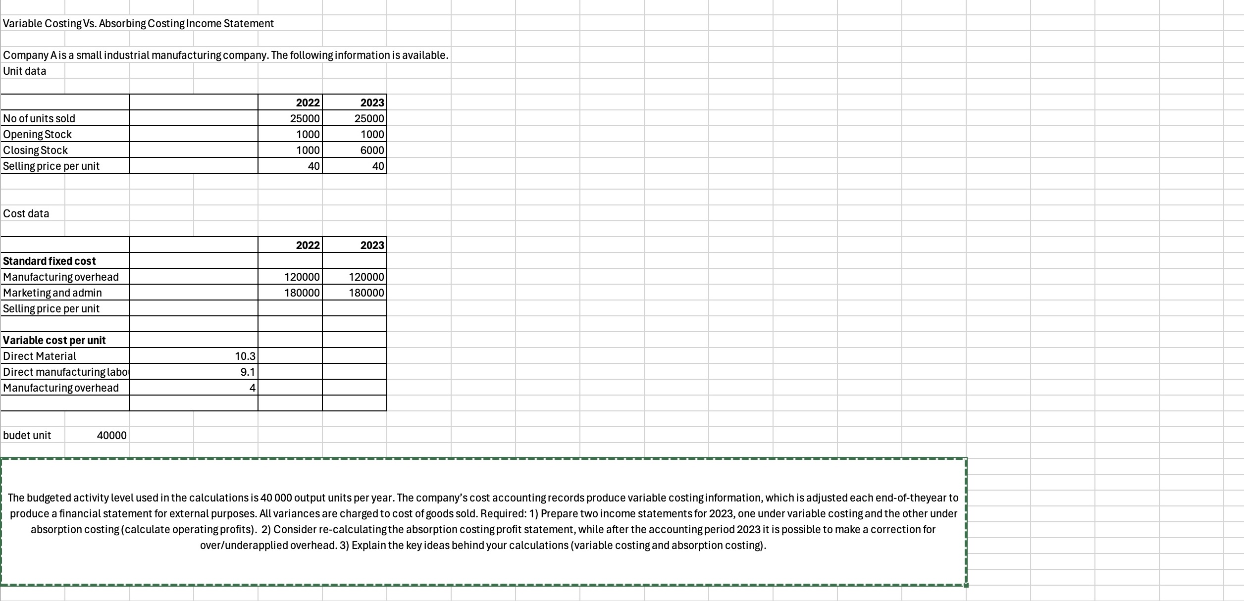  Variable Costing Vs. Absorbing Costing Income Statement 1) Prepare two income
