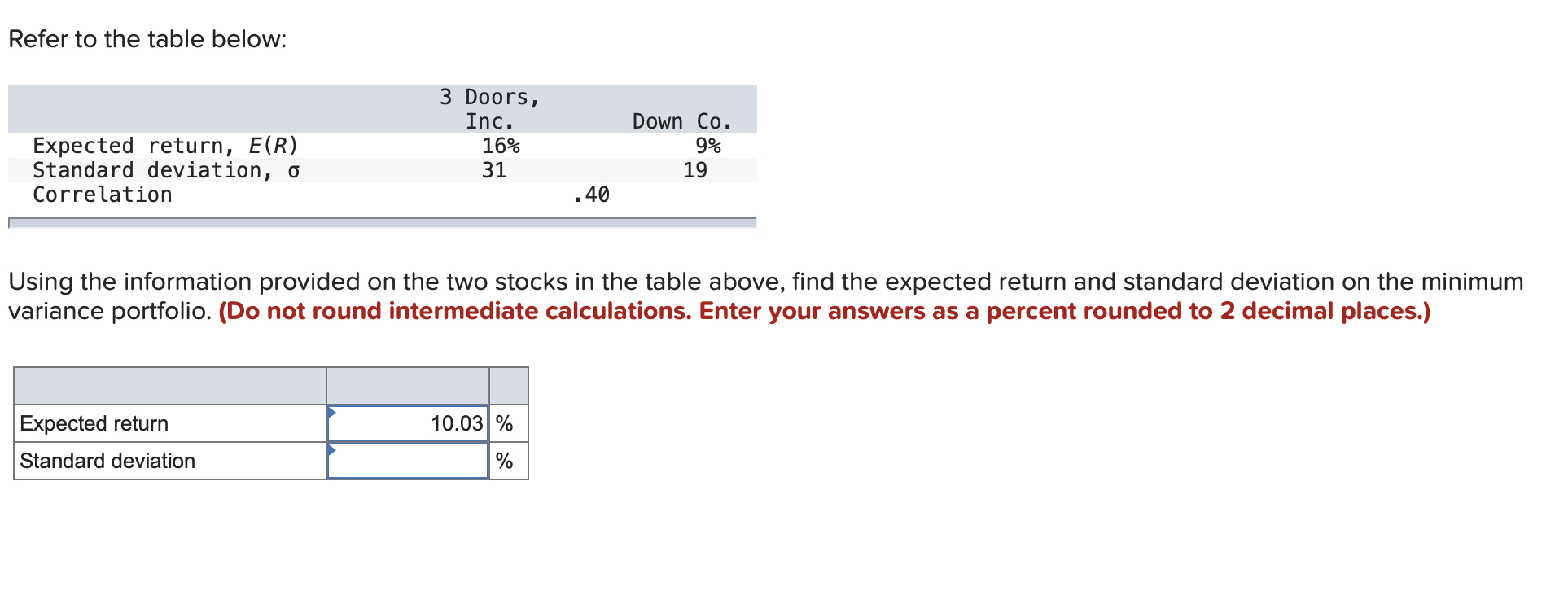  Refer to the table below: \table[[,\table[[3 Doors,],[Inc.]],Down Co.],[Expected return, E(R),16%,9% 