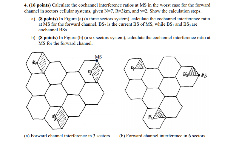  4. (16 points) Calculate the cochannel interference ratios at MS in