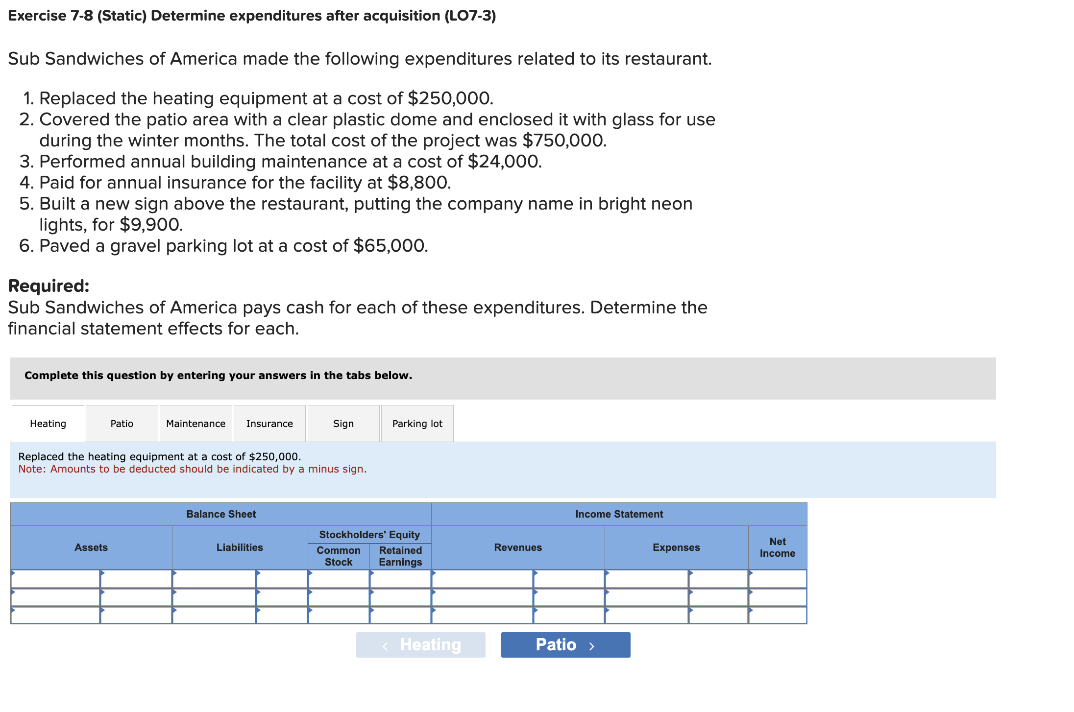  Exercise 7-8(Static) Determine expenditures after acquisition (LO7-3) Sub Sandwiches of America