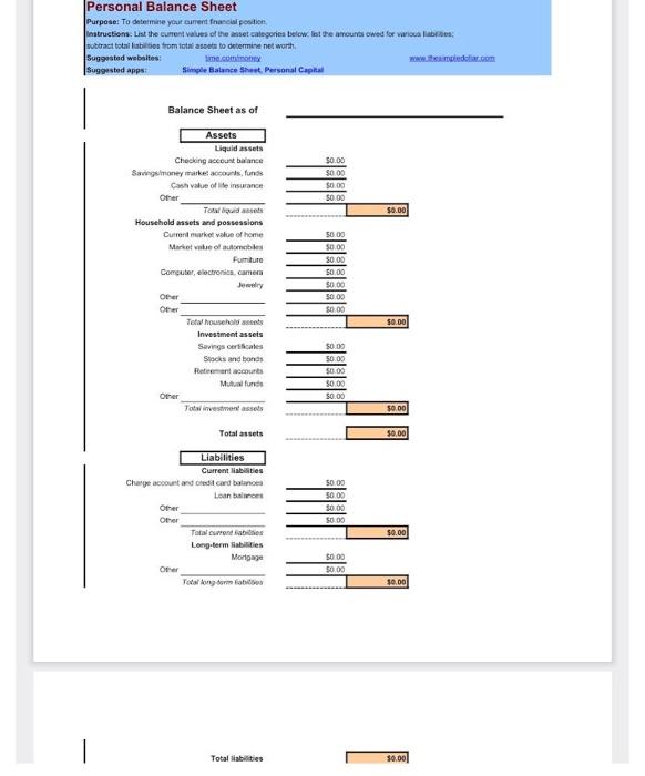 show work 50.00 se ob 1 Total Sabities Net Worth [ansets minus