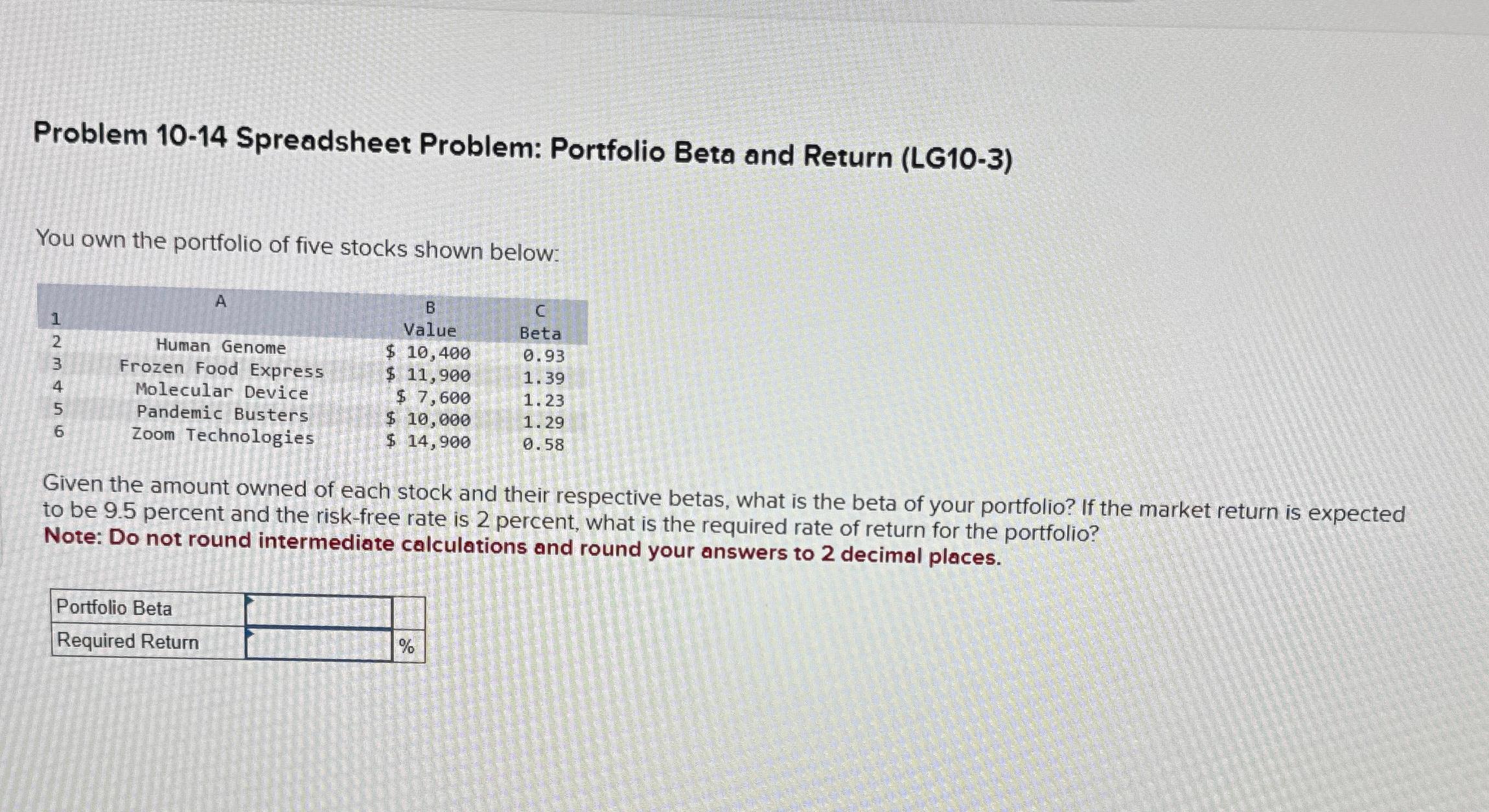  Problem 10-14 Spreadsheet Problem: Portfolio Beta and Return (LG10-3) You own
