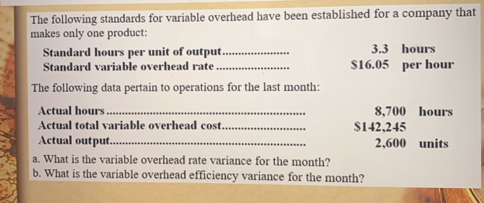  The following standards for variable overhead have been established for a