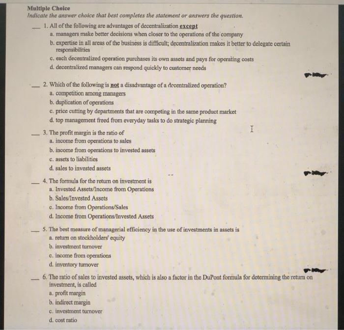 Please do 1-6 for a like. THANK YOU! Multiple Choice Indicate the