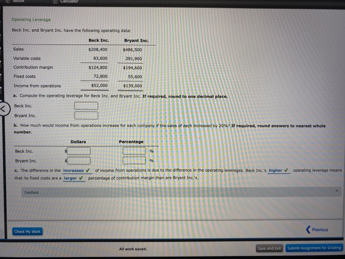  CODOR Calculator Operating Leverage Beck Inc. and Bryant Inc. have the