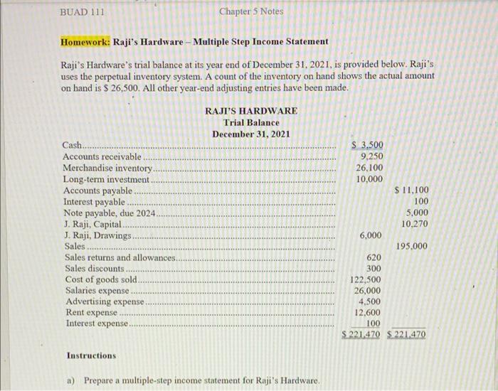  BUAD 111 Chapter 5 Notes Homework: Raji's Hardware - Multiple Step