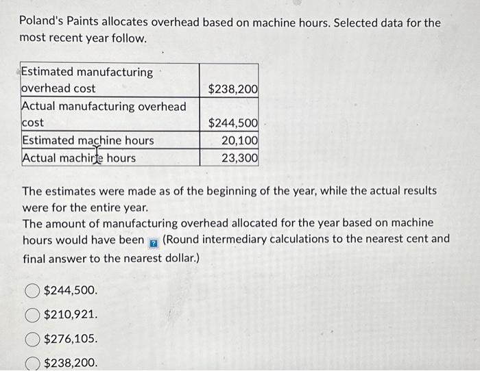  Poland's Paints allocates overhead based on machine hours. Selected data for