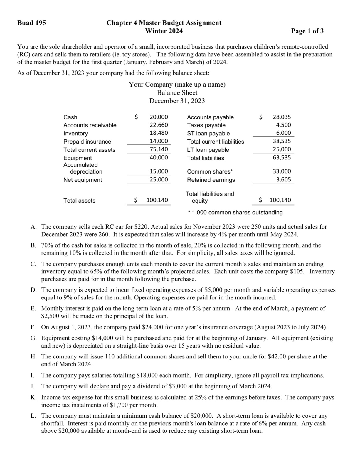  Buad 195 Chapter 4 Master Budget Assignment Winter 2024 Page 1
