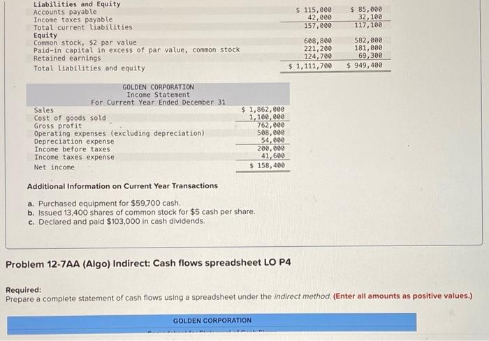 (Algo) [The following information applies to the questions displayed below.] Golden Corporation's