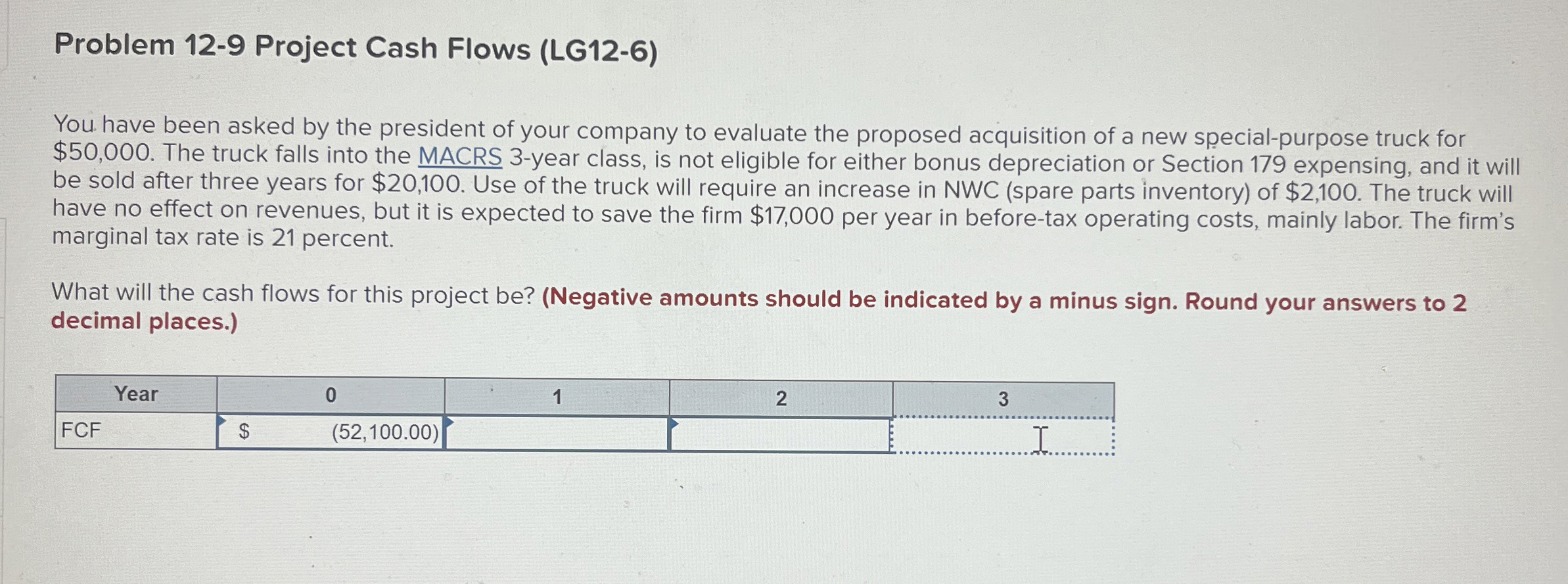  Problem 12-9 Project Cash Flows (LG12-6) You have been asked by